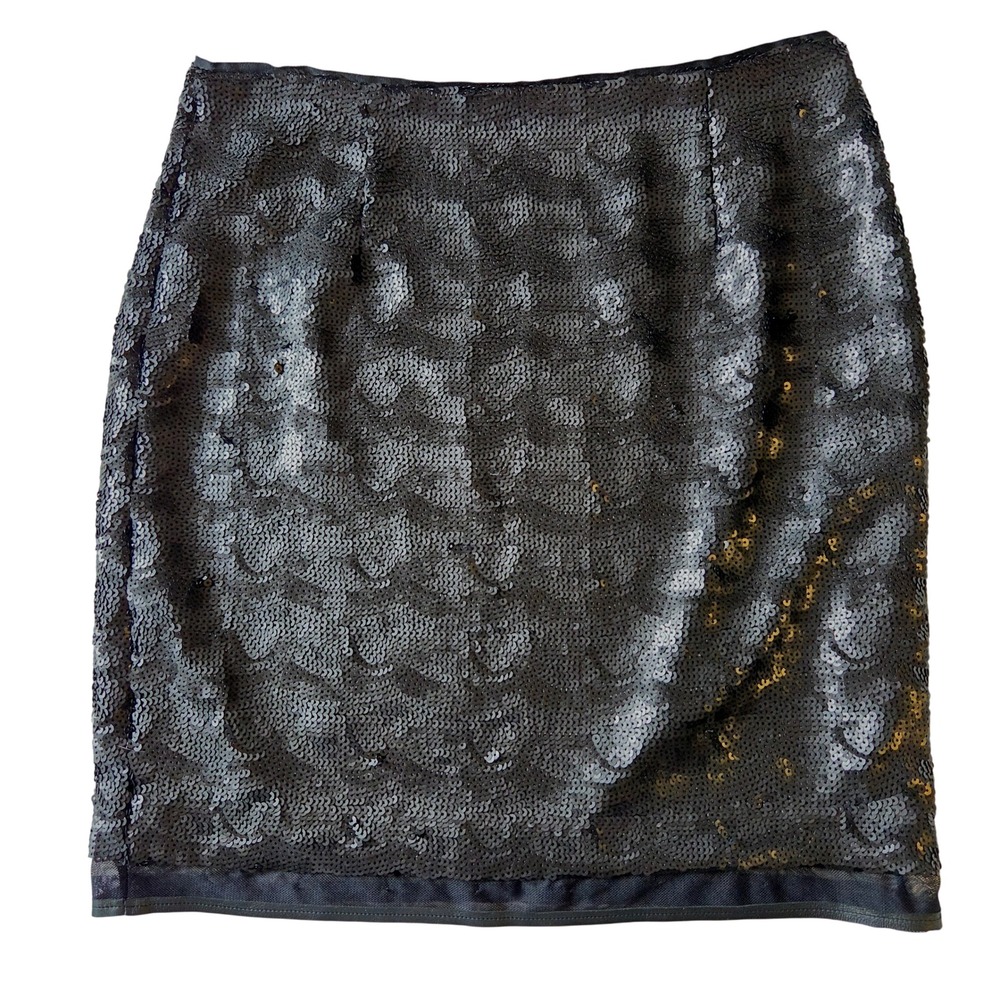 Elie Tahari Black Sequin Mini Skirt Lamb Leather Trim Size 6